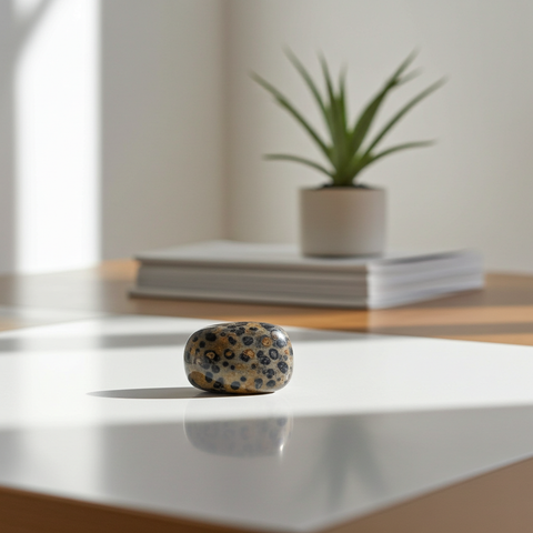 Leopard Skin Jasper pocket tumbled stone for carrying during meditation, calming practice, and spiritual support.