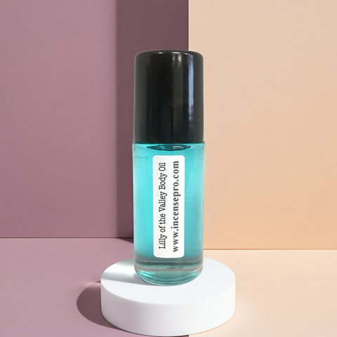 Lilly of the Valley scented body oil bottle for fragrant skin care, after-shower moisturizing, and smooth skin support.