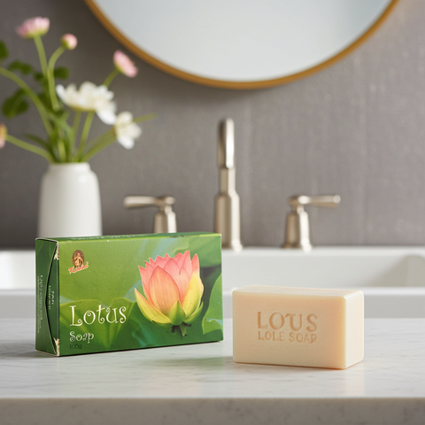 Lotus scented soap bar for body cleansing, bathing, and refreshing skin care use.