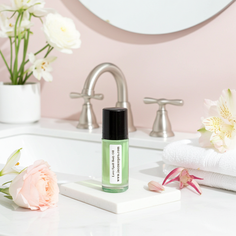 Love Spell fragrance body oil for women for hydrating the skin, enhancing scent wear, and everyday use.