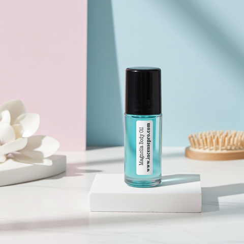 Magnolia Body Oil bottle for hydrating dry skin, improving softness, and everyday moisturizing use.