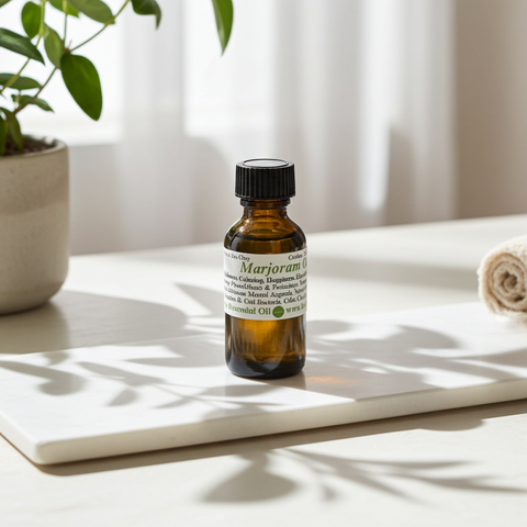 Marjoram essential oil with a warm, herbaceous aroma