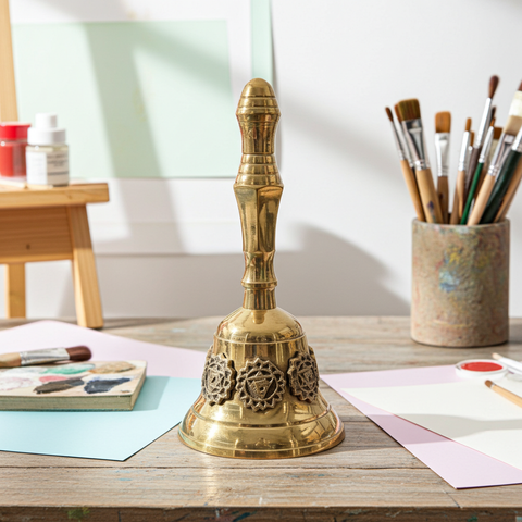 Meditation brass bell adorned with colorful seven chakra artwork.