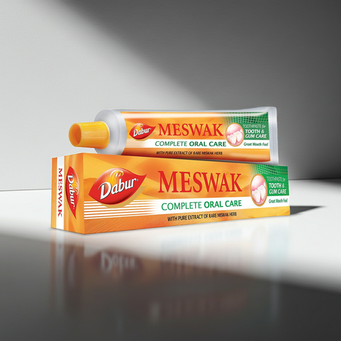 Meswak herbal toothpaste tube for daily brushing, plaque removal, and mouth freshness.