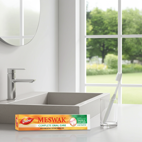 Meswak toothpaste tube for fresh breath, teeth cleaning, and everyday dental hygiene.