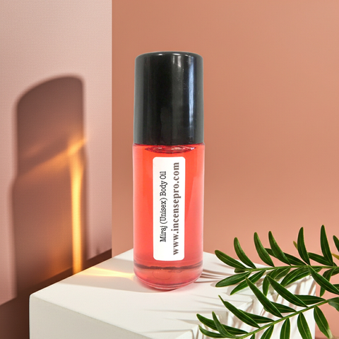 Miraj body oil bottle for unisex fragrance wear, skin nourishment, and everyday personal care.