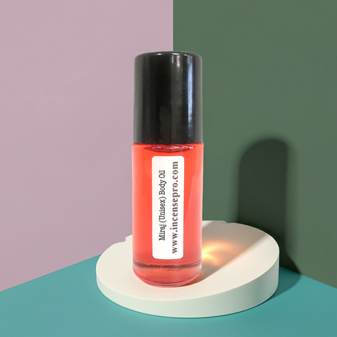 Miraj moisturizing body oil bottle for softening dry skin, body hydration, and daily grooming.