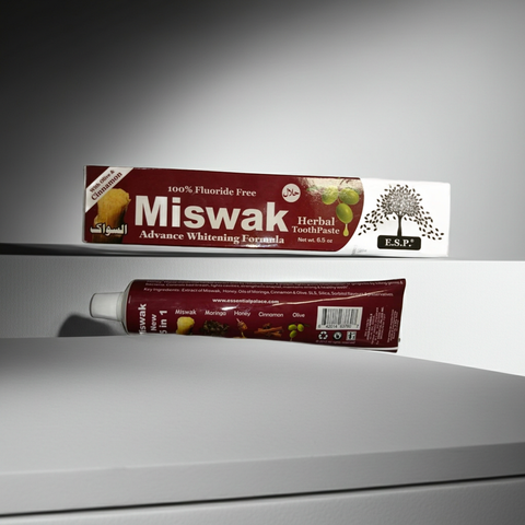 Miswak Herbal Toothpaste tube for gum care, plaque removal, and regular brushing use.
