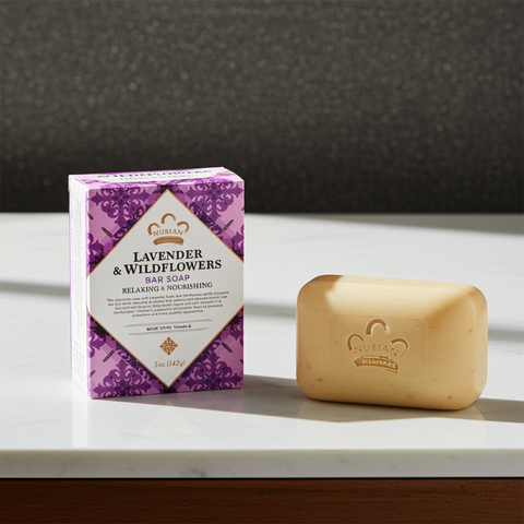 Moisturizing lavender soap bar for dry skin cleansing, bathing, and softening care.