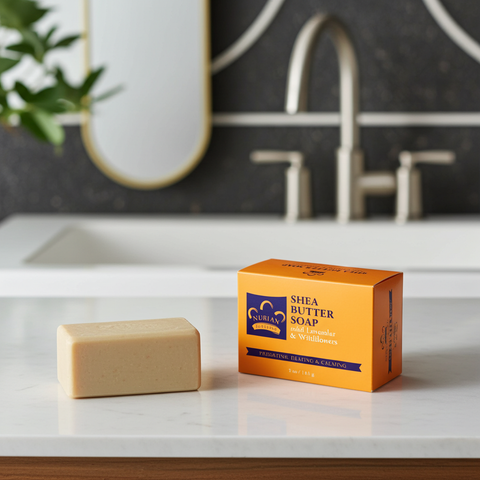 Moisturizing Shea Butter soap bar for hydrating skin, bathing, and daily cleansing use.