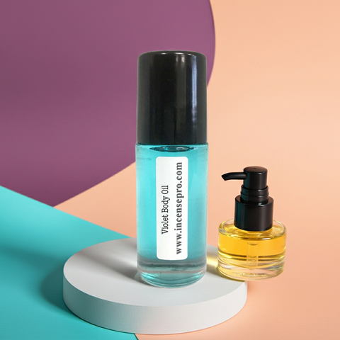 Moisturizing violet body oil bottle for dry skin relief, body hydration, and smooth skin care.