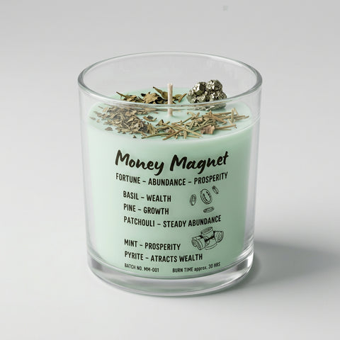 Money Magnet Intention Candle label – basil, pine, patchouli, mint and pyrite for wealth and prosperity