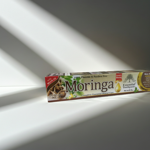 Moringa Essential Toothpaste tube for fresh breath, plaque removal, and regular oral hygiene use.