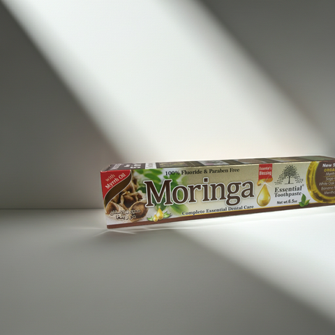 Moringa Essential Toothpaste herbal toothpaste tube for teeth cleaning, gum care, and everyday dental hygiene.