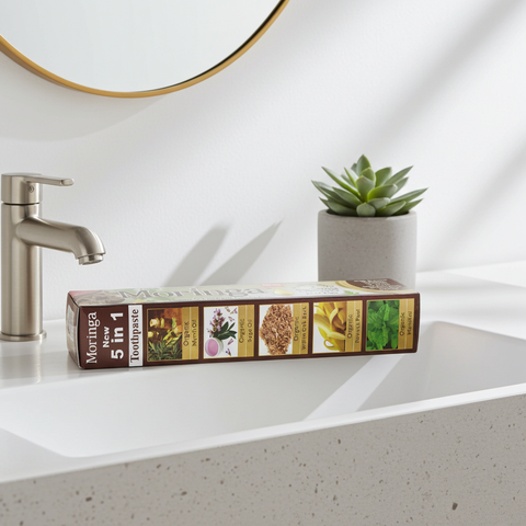Moringa Essential Toothpaste herbal toothpaste tube for freshening breath, cleaning teeth, and daily oral care.
