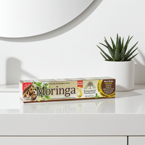 Moringa Essential Toothpaste tube for daily brushing, fresh breath, and natural oral care.
