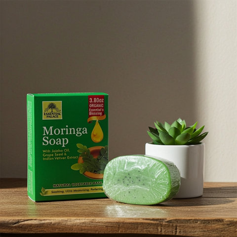 Moringa soap bar for daily cleansing, bathing, and skincare use.