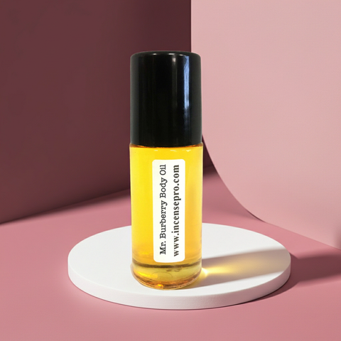 Mr. Burberry moisturizing body oil bottle for men’s skincare, dry skin nourishment, and smooth daily use.