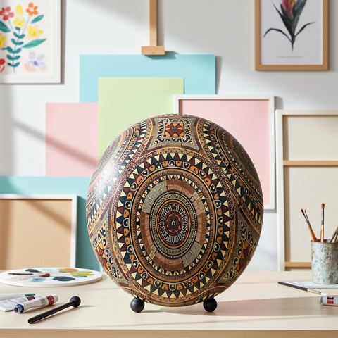 Musical tank drum displayed with drumsticks for rhythm and meditation music.