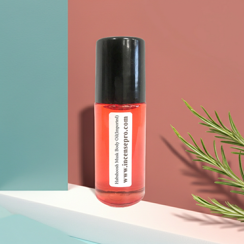 Habshoosh Musk body oil bottle for skin nourishment, long-lasting fragrance, and daily moisturizing use.