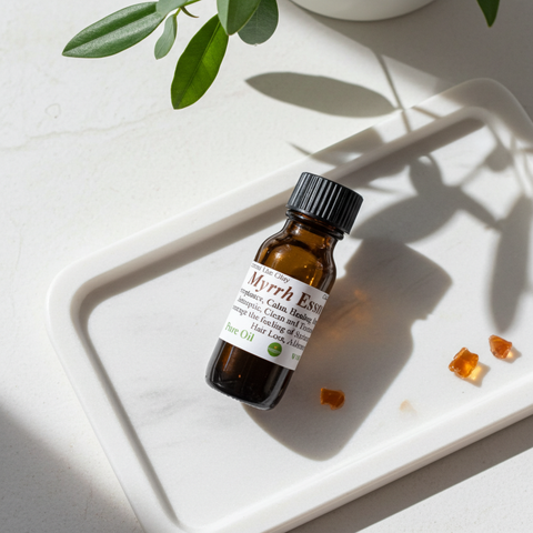 Myrrh essential oil with a warm, earthy, resinous aroma from Commiphora myrrha