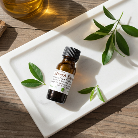 Pure myrrh essential oil derived from aromatic myrrh resin
