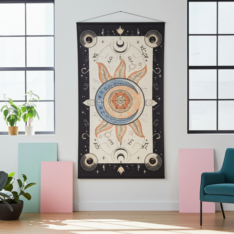 Mystic wall art tapestry with detailed sun and moon mandala pattern.