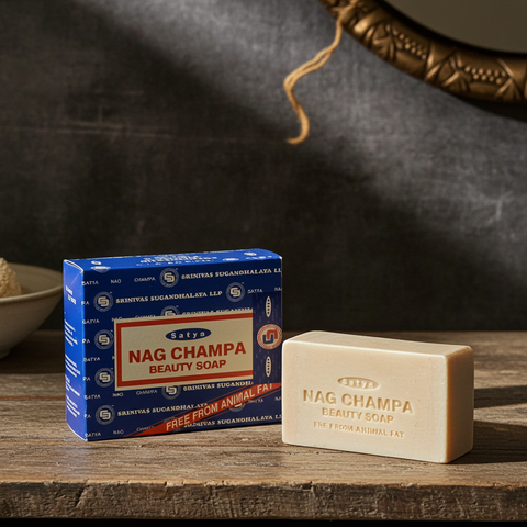 Nag Champa Beauty Soap bar for aromatherapy bathing, skin moisturizing, and daily cleansing.