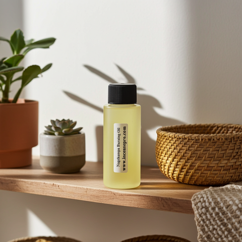 Bottle of Nagchampa Burning Oil for creating a calming home atmosphere