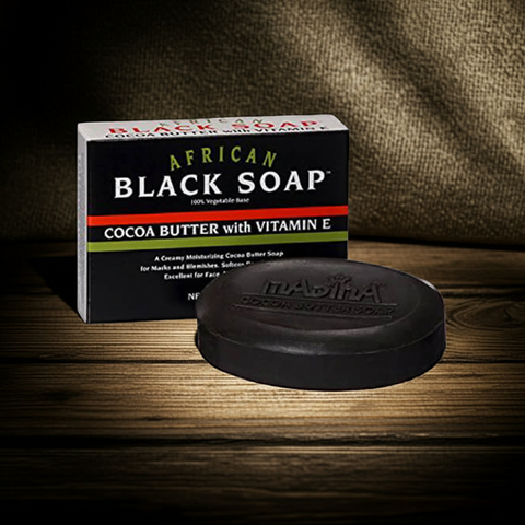 Natural African black soap made with cocoa butter and vitamin E for gentle skincare