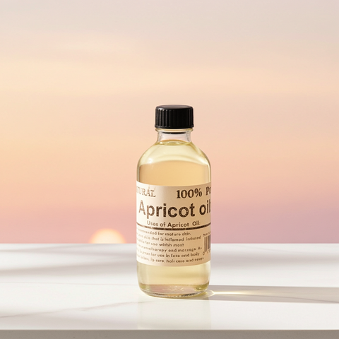 Bottle of natural apricot carrier oil for skin, hair, and massage use.