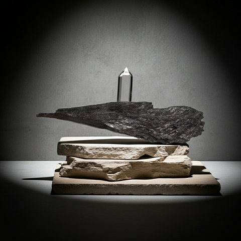 Natural Black Kyanite branch crystal stone for chakra work, grounding, and crystal healing use.