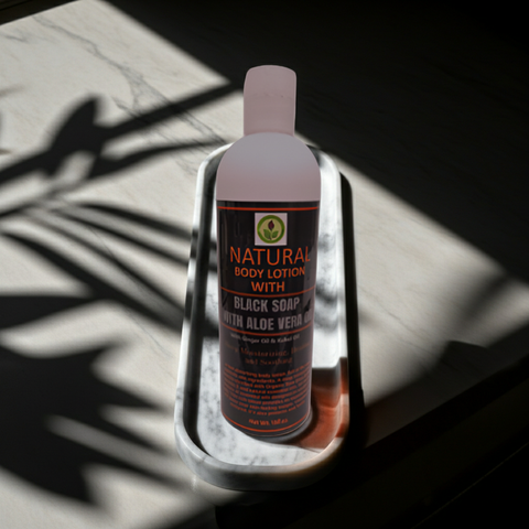 Natural body lotion made with black soap and aloe vera for daily skin nourishment.