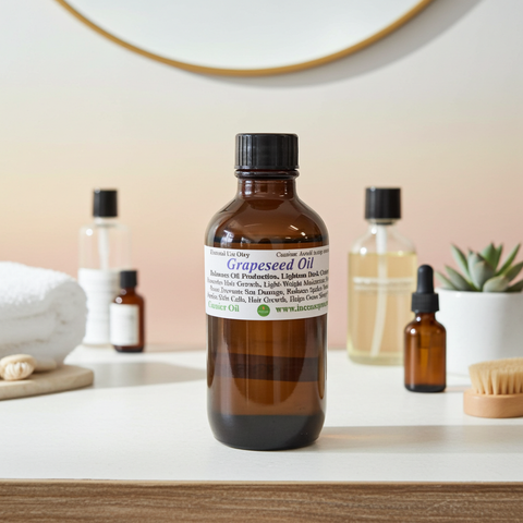 Natural grapeseed carrier oil displayed in a clear glass bottle.