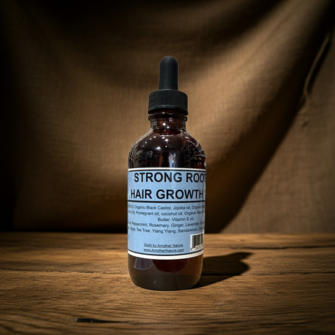 Natural hair growth oil with herbal ingredients displayed beside the bottle.