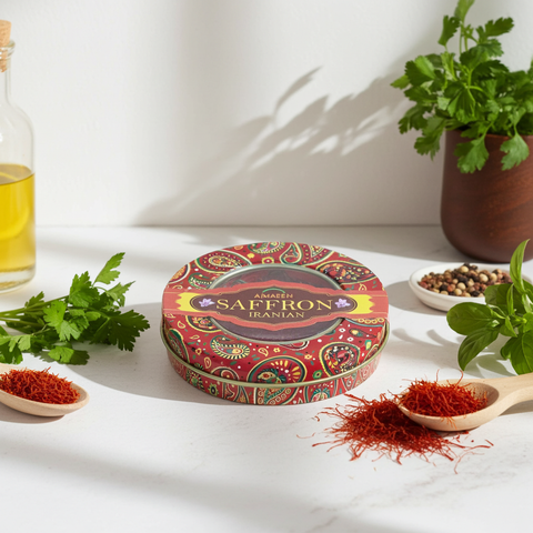 Saffron container with saffron on a wooden spoon and herbs on a white surface