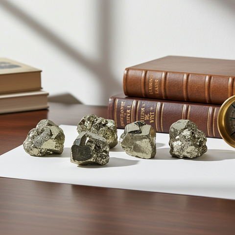 Natural iron pyrite crystal cluster stone for energy work, mineral collecting, and shelf display.