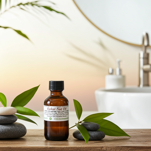 Natural kukui nut carrier oil displayed in a beauty oil bottle.