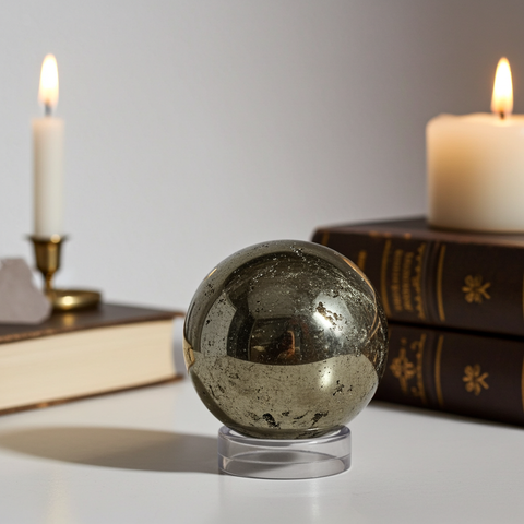 Natural pyrite crystal ball sphere for spiritual grounding, crystal healing, and home decor use.