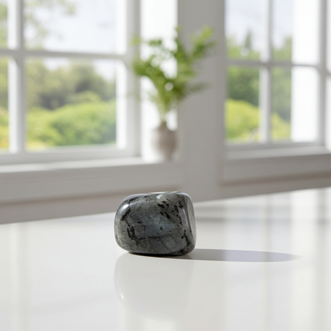 Natural Rainbow Moonstone tumbled pocket stone for carrying calming energy, intuition work, and everyday use.