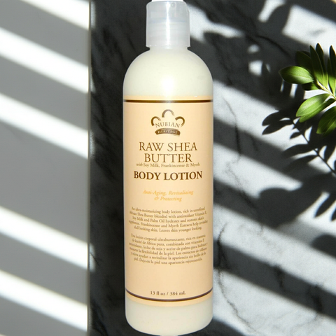 Natural raw shea butter lotion designed to nourish and hydrate dry skin.