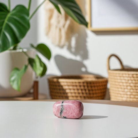 Natural rhodonite tumbled crystal stone for chakra work, meditation, and spiritual support.