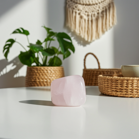 Natural Rose Quartz tumbled crystal stone for heart chakra work, calming energy, and crystal healing practice.