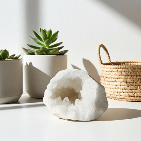 Natural White Calcite Geode decorative stone for home decor, altar setup, and crystal room styling.
