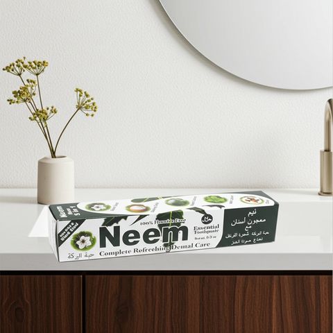 Neem Essential Toothpaste for teeth whitening, gum protection, and fluoride-free daily oral care.