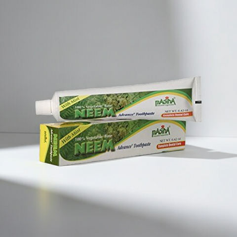 Neem toothpaste tube for gum care, plaque removal, and daily dental hygiene.
