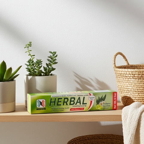 Ninon Essential Toothpaste for teeth whitening, gum care, and fluoride-free daily oral protection.