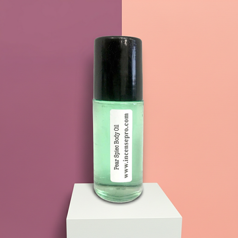 Nourishing pear body oil bottle for smoothing skin, post-shower moisture, and daily body care.