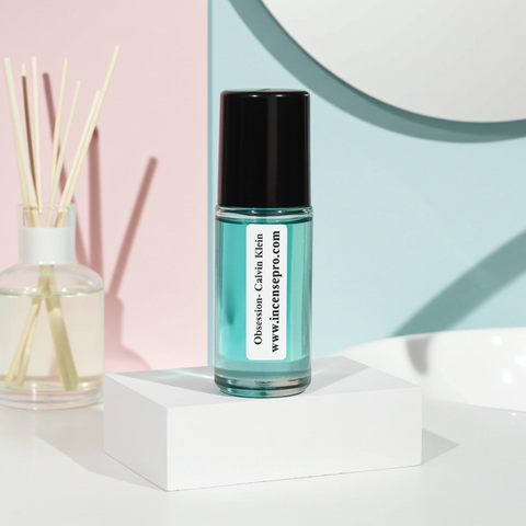 Obsession Calvin Klein body oil bottle for moisturizing skin and layering with a warm masculine fragrance.