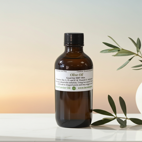 Bottle of olive carrier oil for skincare, massage, and hair care use.